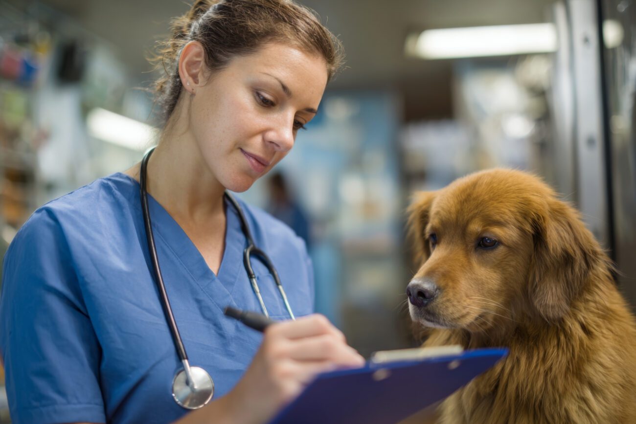 A veterinary staff member in scrubs closely examines a golden retriever She writes health details on a clipboard in a busy clinic environment The dog patiently waits for care - Madrid Noticias 24h
