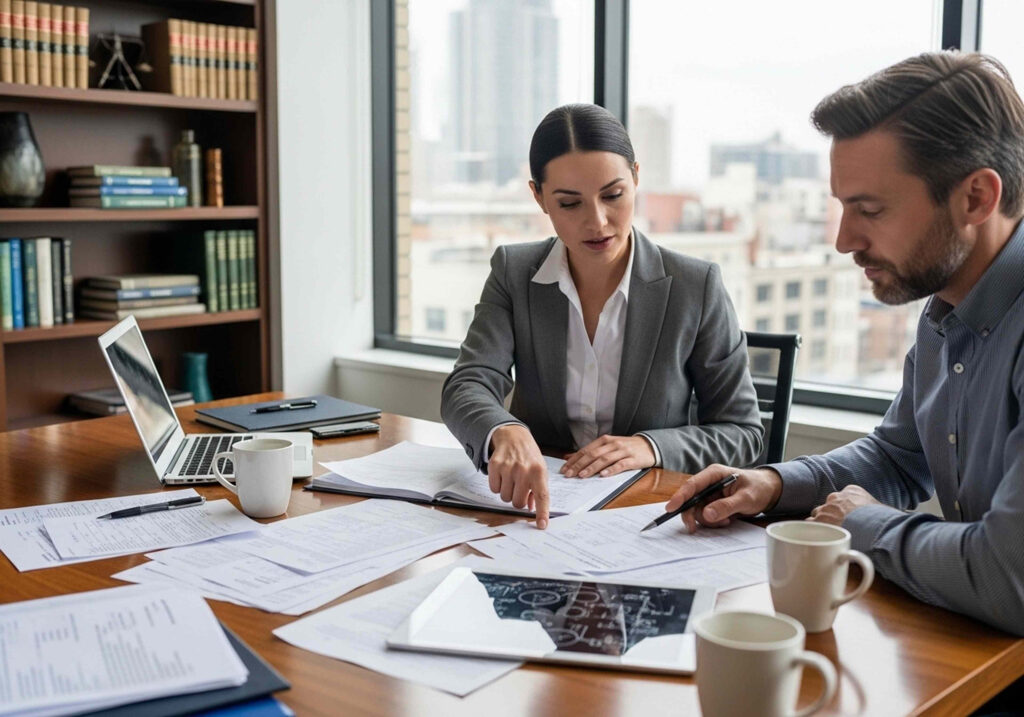 Two professionals discuss documents at a wooden table, with a laptop, papers, and coffee mugs in a bright office overlooking a cityscape.