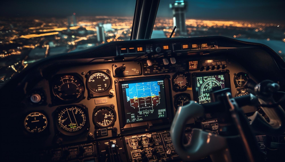 Nighttime cockpit of a small airplane with illuminated gauges and a central touchscreen display over a city-lit horizon